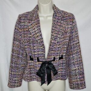 Women Austin Reed Petite 100% Silk Colorful Lined Tweed Blazer Ribbon Tie Size 4